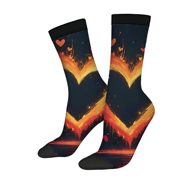 Vibrant Abstract Heart Pattern Socks - 2 Pairs of Unisex Trendy Socks with Fiery Hearts on Dark Background Perfect for All Seasons
