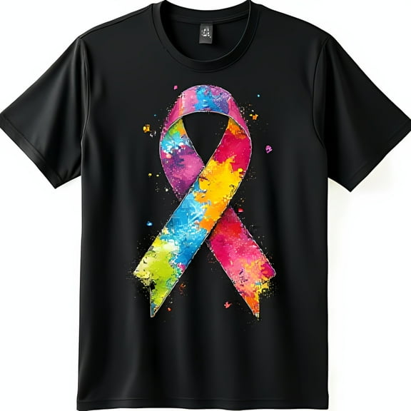 Vibrant Abstract Ribbon Design on Black T-Shirt Bold Colorful Graphic Tee
