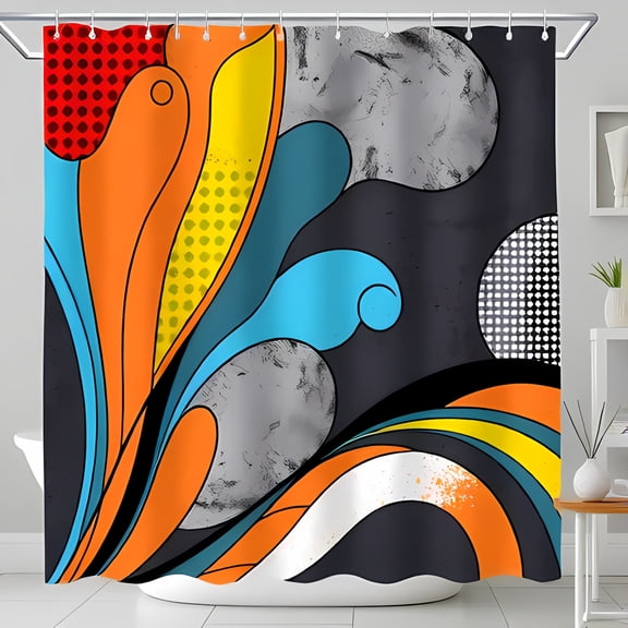 Vibrant Abstract Shower Curtain - Bold Swirls of Orange Yellow & Teal on Dark Gray - Modern & Playful Design for Your Bathroom