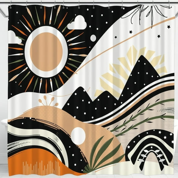Vibrant Abstract Shower Curtain - Sun & Mountain Design, Terracotta & Green