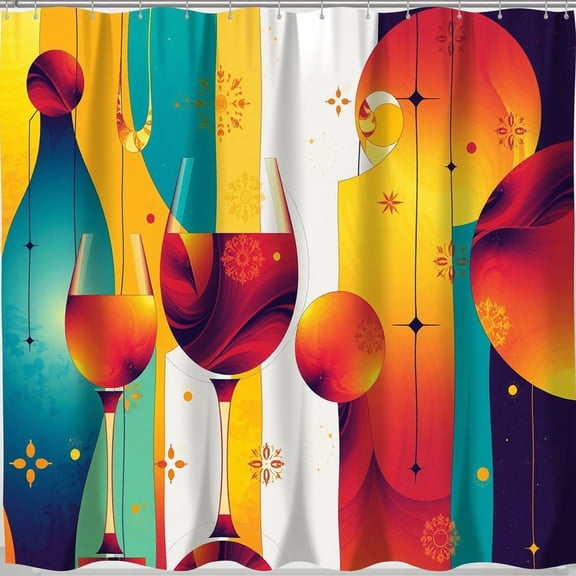 Vibrant Abstract Shower Curtain with Geometric Shapes & Glasses - Modern Art Design in Bold Colors