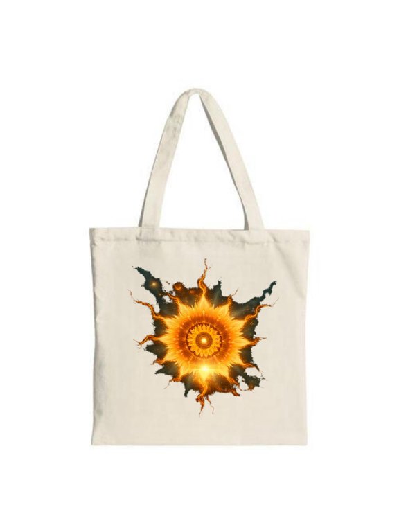 Vibrant Abstract Sun Tote Bag - Intricate Flame Pattern in Orange Yellow & Black Perfect for Shopping Travel & Parties