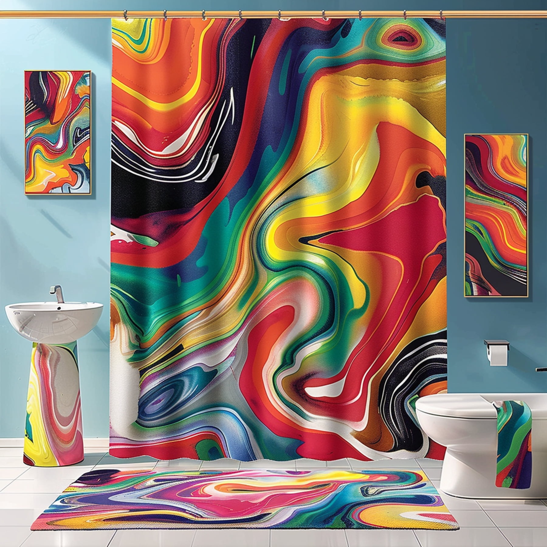 Vibrant Abstract Swirl Bathroom Set Colorful Minimalist Decor with