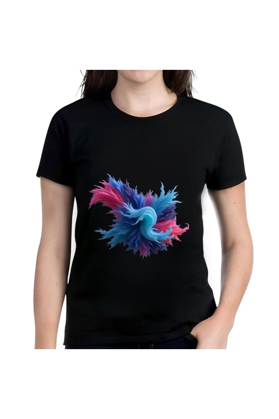 Vibrant Abstract Swirl Design Cotton Short Sleeve T-Shirt for Women - Colorful Blue Pink & Purple Pattern