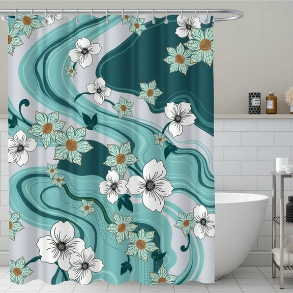 Vibrant Abstract Teal & Gray Shower Curtain with White & Gold Floral Design