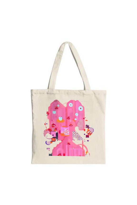 Vibrant Abstract Tote Bag - Pink & Red Shapes Circular Elements & Dotted Patterns - Stylish Canvas Bag for Shopping & Travel