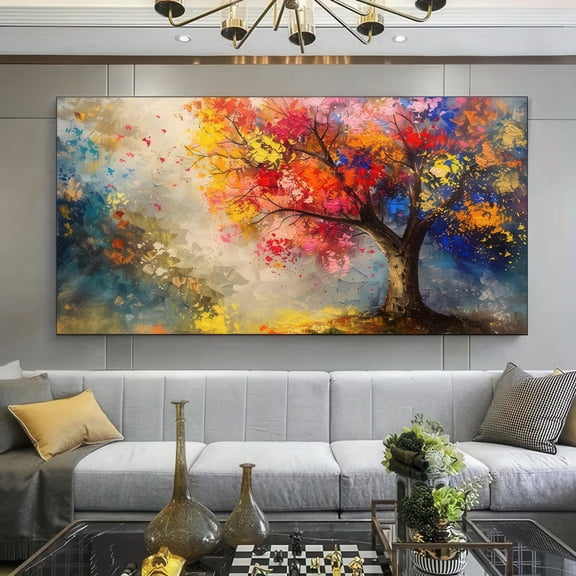 Vibrant Abstract Tree Canvas Wall Art - 48x24 Inches Framed Painting for Living Room Decor