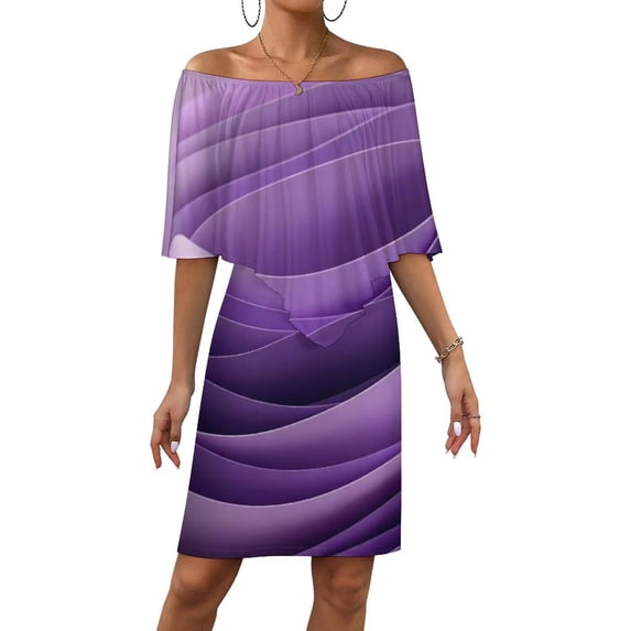 Vibrant Abstract Violet Textured Background Women's Off The Shoulder Ruffles Summer Wedding Guest Loose Casual Party Beach Dress