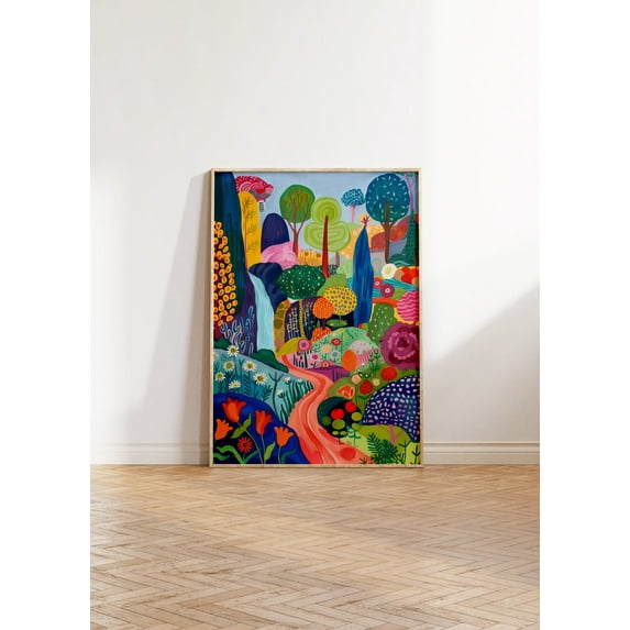 Vibrant Abstract Waterfall Wall Art Colorful Floral Landscape Nature Botanical Print Maximalist Scenery Decor, Unframed Paper Poster 8x10in