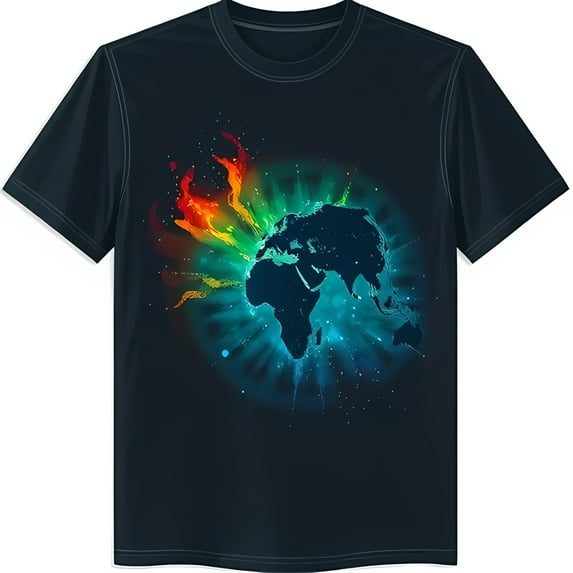 Vibrant Abstract World Map Graphic Black T-Shirt Colorful Design