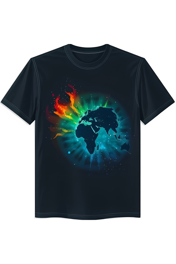 Vibrant Abstract World Map Graphic Black T-Shirt Colorful Design
