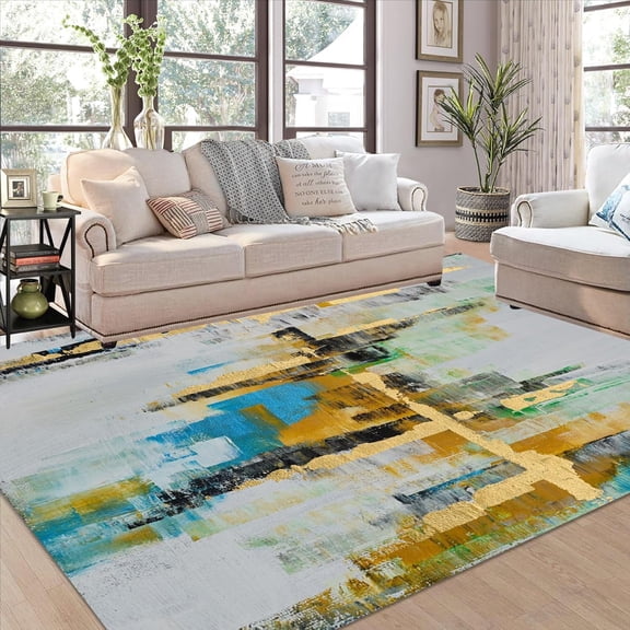 Vibrant Aesthetic Art Abstract Rugs Blue Grey Gold Non Slip Modern Living Room Bedroom Dining Room Area Rugs Large Home Office Playroom Floor Deco Carpets Ultra Dorm Indoor Mat 2x3ft