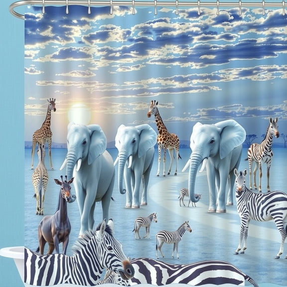 Vibrant African Shower Curtain - Serene Savanna Scene with Zebras & Elephants