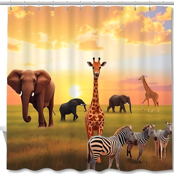 Vibrant African Sunset Shower Curtain - Majestic Giraffe & Wildlife Design for a Stunning Bathroom Makeover