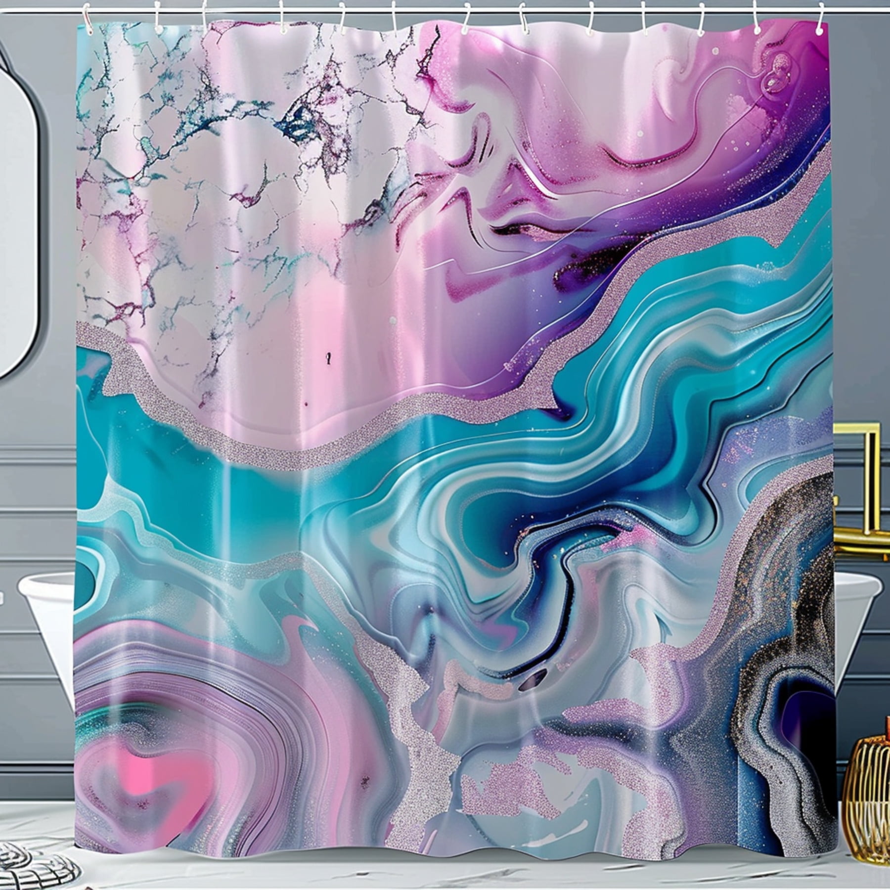 Vibrant Agate Marble Print Shower Curtain for Kids' Girls Room Decor in Pink Blue Purple and