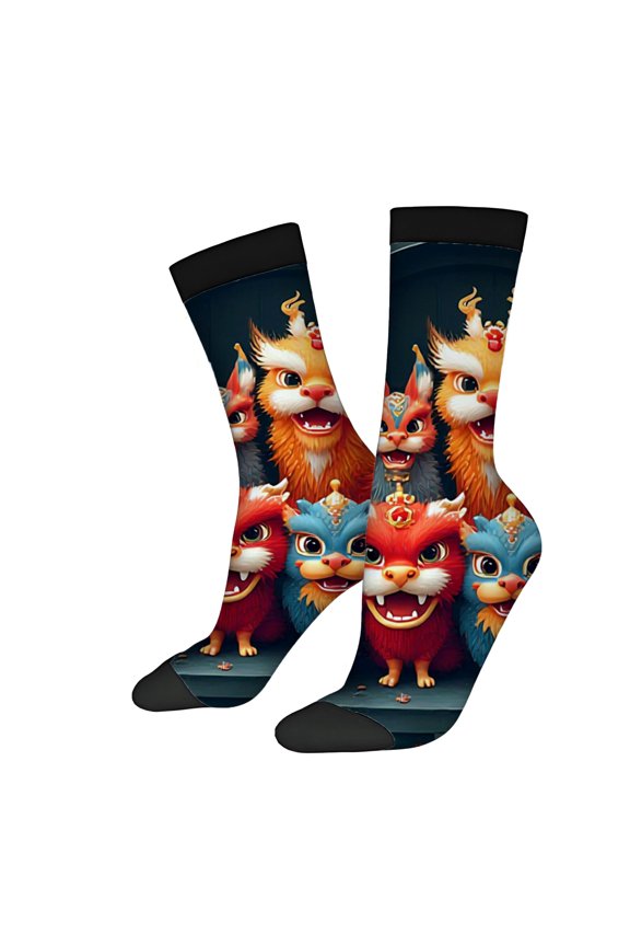 Vibrant Animated Cat Socks - 2 Pairs Colorful Costumed Cats with Crowns on Dark Background Unisex Trendy Design