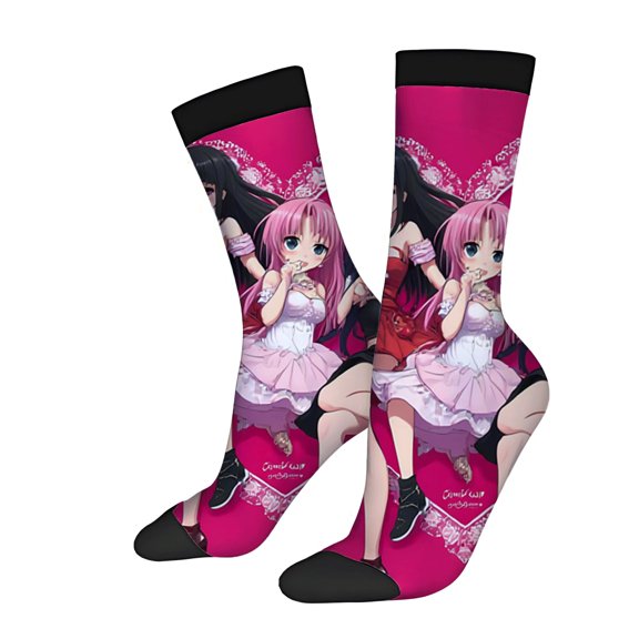 Vibrant Anime Character Socks - 2 Pairs Unisex Trendy Design with Pink & Dark Hair Characters Playful Illustration on Colorful Background
