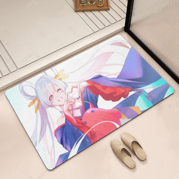 Vibrant Anime Girl in Kimono Diatomaceous Earth Bath Mat - Non-Slip Super Absorbent Quick Dry Mat for Bathroom Entryway