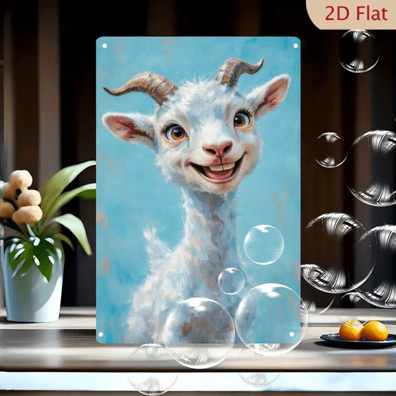 Vibrant Anthropomorphic Goat Portrait 8x12in Metal Wall Art, Joyful Expressive Animal with Amber Eyes and Curved Horns, Painterly Digital Oil Style on Blue Background, Modern Home Decor