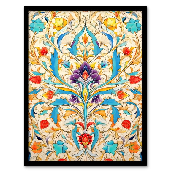 Vibrant Arabesque Flower Design Purple Orange Blue Ornate Symmetrical Floral Pattern Artwork Framed Wall Art Print A4