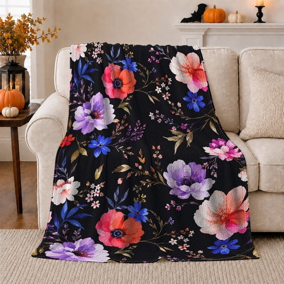 Vibrant Artistic Floral Arrangement Dark Background, Dramatic Botanical Garden Scene, Warm Flannel Blanket for Sunroom and Reading Nook, Garden Lovers Housewarming Gift, Botanical Home Decor