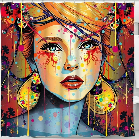 Vibrant Artistic Shower Curtain - Bold Colors & Graffiti Style Portrait