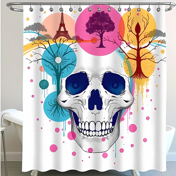 Vibrant Artistic Shower Curtain with Central Design Colorful Circular Patterns Tree Sun Abstract Clouds & Drips