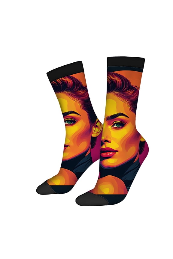 Vibrant Artistic Women's Face Design Socks (2 Pairs) - Unisex Trendy Mixed Color Socks for All Seasons - Eye - Catching Bold Patterns