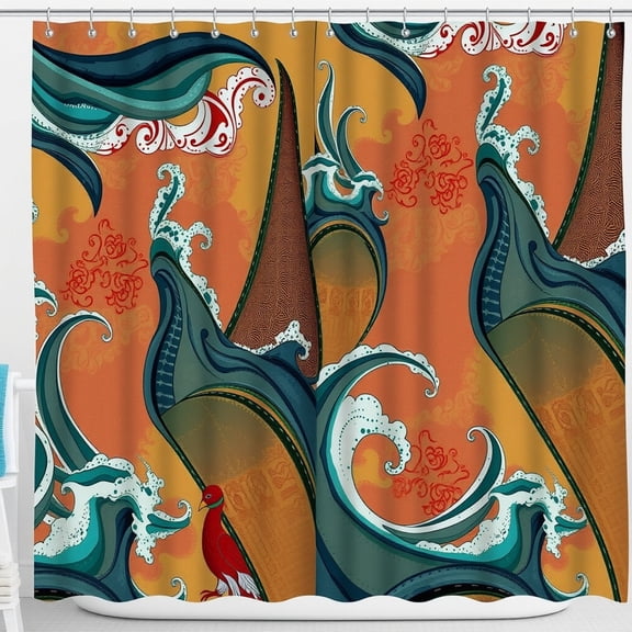 Vibrant Asian-Inspired Shower Curtain with Stylized Waves & Floral Patterns