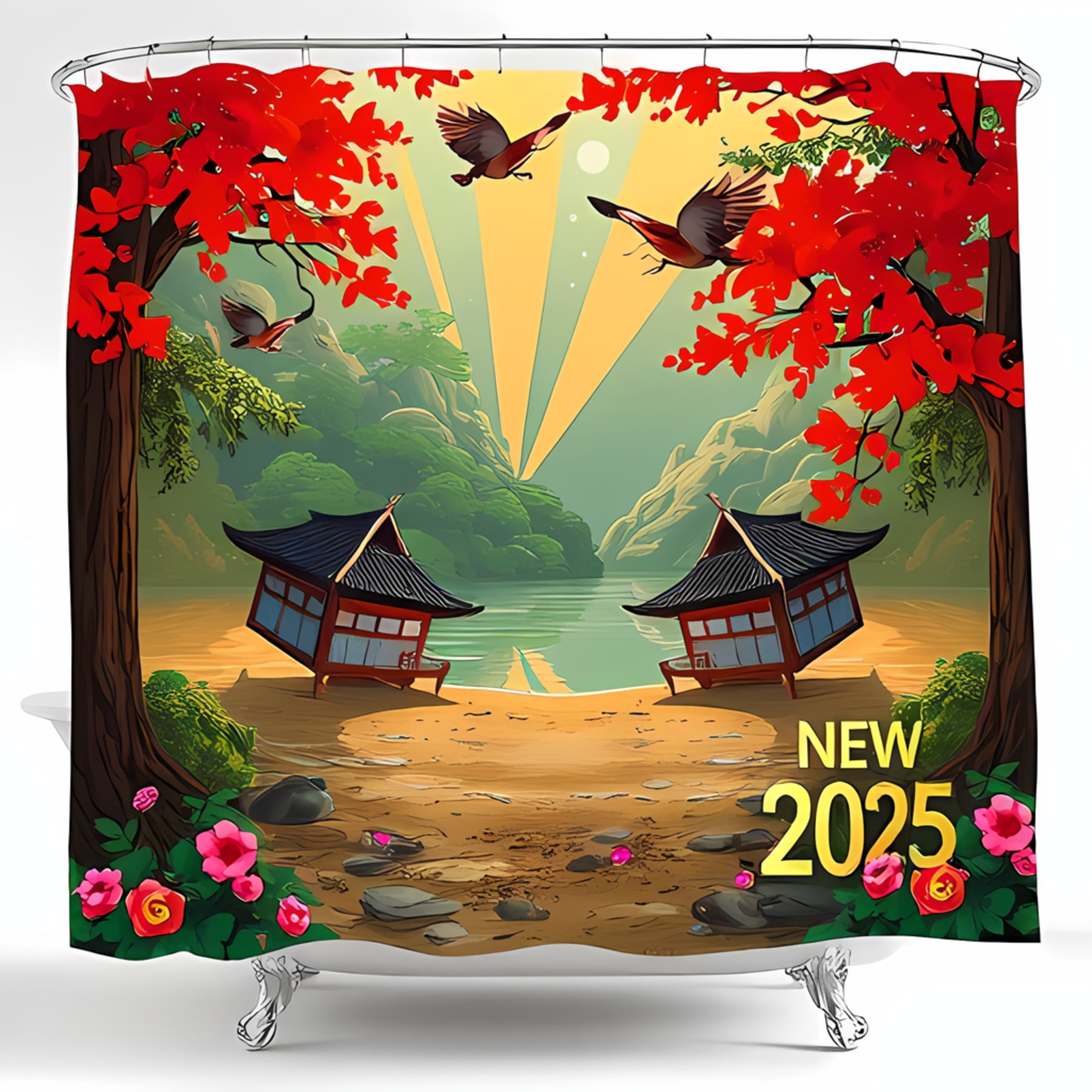 Vibrant Asian Landscape Shower Curtain with Tea Houses Red Foliage New