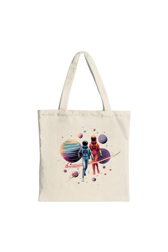 Vibrant Astronauts Tote Bag - Colorful Space Design with Blue & Red Suits Perfect for Shopping Travel & Parties