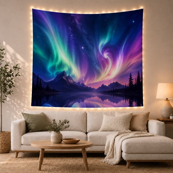 Vibrant Aurora Borealis Over Lake Reflection Mystical Celestial for Space Lovers Celestial Wall Art Christmas Gift Tapestry Wall Hanging for Bedroom and Living Room