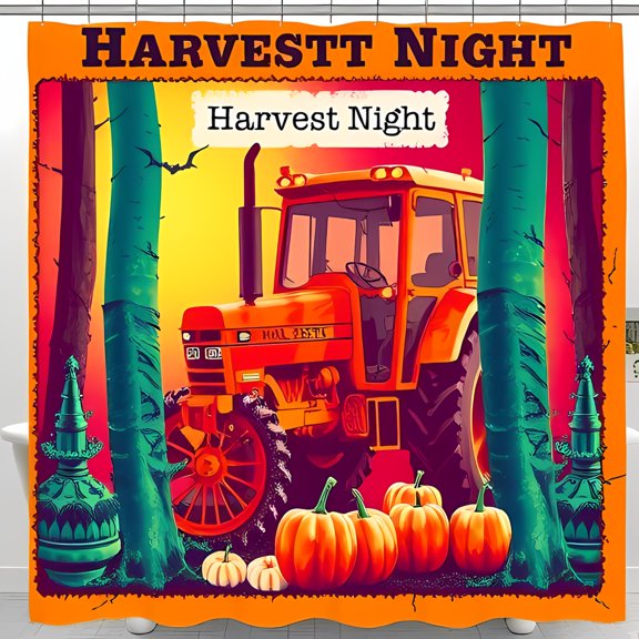 Vibrant Autumn Harvest Shower Curtain - Classic Orange Tractor Pumpkins & Sunset Sky Design for Fall Decor