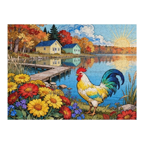 Vibrant Autumn Lake Cottage Rooster Wooden Jigsaw Puzzle 500 Pieces for Adults, Indoor Leisure Game, Relaxing Brain Teaser, Home Decor Tabletop Puzzle, Mind-Stimulating Hobby Activity