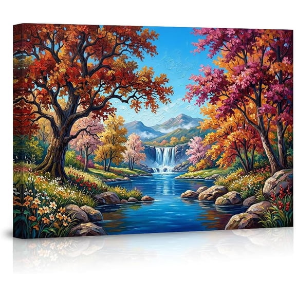 Vibrant Autumn Landscape Canvas Wall Art Poster, Scenic Waterfall Mountain River Nature Print for Living Room Bedroom Home Decor, Colorful Fall Trees Artwork
