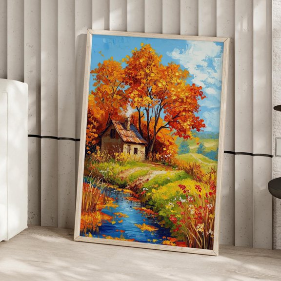 Vibrant Autumn Landscape Countryside House Stream Fall Cottagecore Decor Season, Unframed Poster