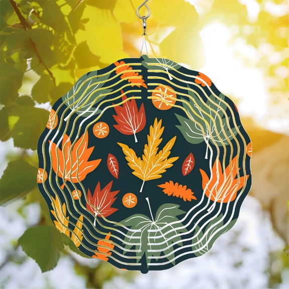 Vibrant Autumn Leaves Metal Wind Spinner with Concentric White Lines - Stunning Garden Decor for Yard and Outdoor Spaces
