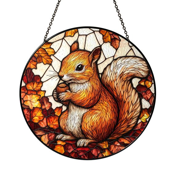 Vibrant Autumn Playful Squirrel Suncatcher Window Panel Display Art