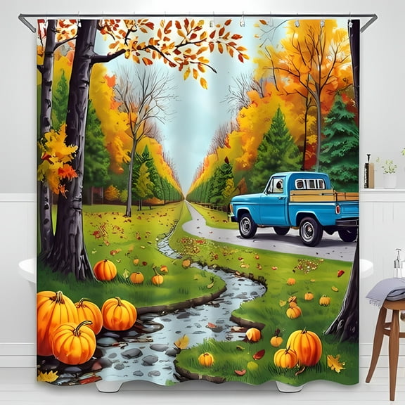 Vibrant Autumn Shower Curtain - Country Road with Colorful Trees Pickup Truck & Pumpkins Cozy Fall Decor for Your Bathroom