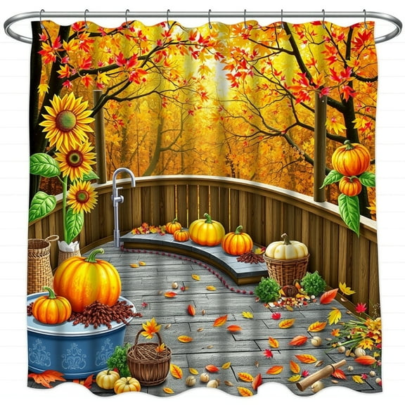 Vibrant Autumn Shower Curtain - Cozy Porch Scene with Pumpkins & Sunflowers