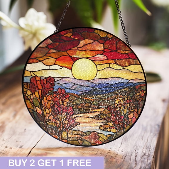 Vibrant Autumn Sunset Stained Glass Art - Scenic Window Panel with Bold Colors and Serene Landscape