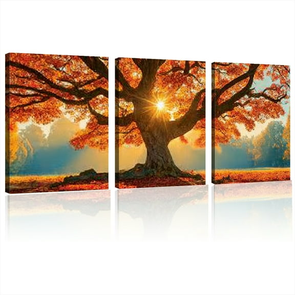 Vibrant Autumn Tree Canvas Wall Art Modern Abstract Sunshine Scene, Large Autumnal Colors Print for Living Room, Bedroom, Hallway Decor, Canvas Wall Art 12*16inch*3pcs
