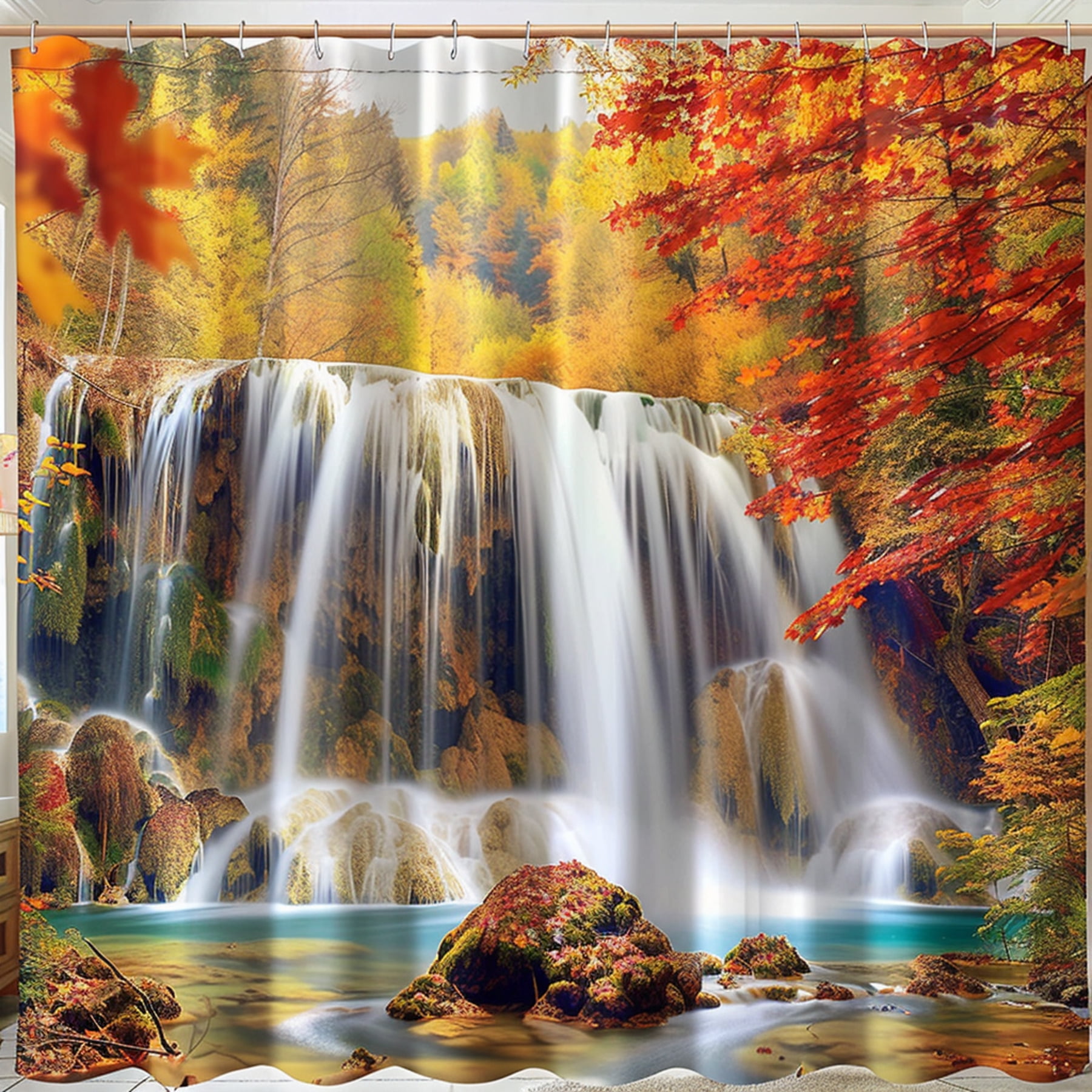 Vibrant Autumn Waterfall Shower Curtain Hyperrealistic Nature Scene
