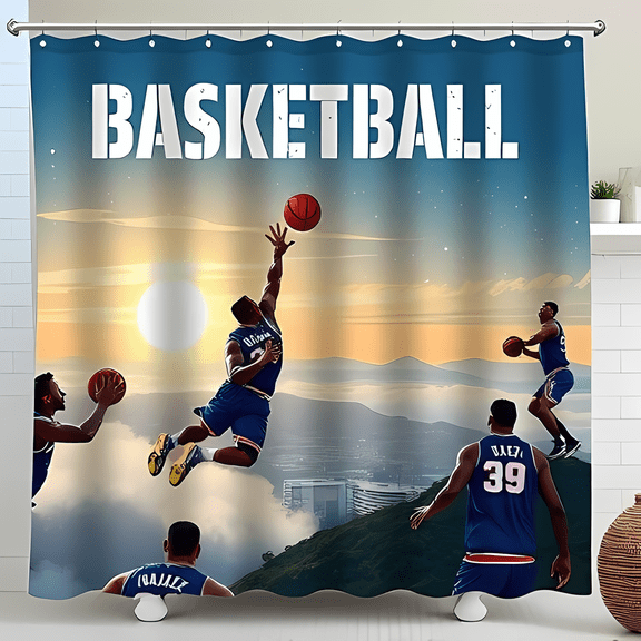 Vibrant Basketball Shower Curtain - Sports Design with Sunset & Players - Perfect for Game Room Decor