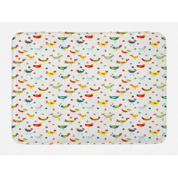 Vibrant Bath Mat, Repetitive Chickens Eggs Colorful Doodle on Plain Background, Plush Bathroom Decor Mat with Non Slip Backing, 29.5" X 17.5", Yellow Green Sky Blue, by Ambesonne