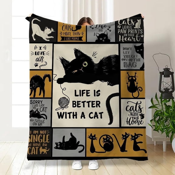 [Vibrant Bazaar] Cat Pattern Blanket, Soft Warm Throw Blanket, Air-conditioned Room Blanket, Warm Nap Blanket for Home Office Travel, Gift for Cat Lovers