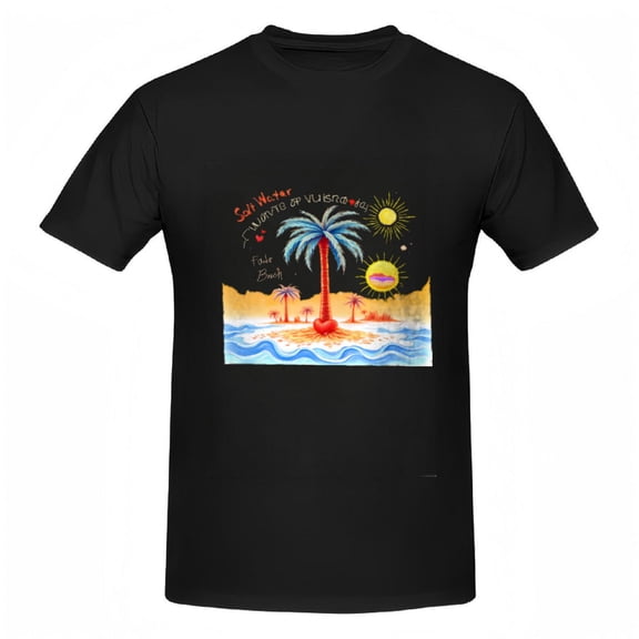 Vibrant Beach Scene Cotton Tee for Women - Palm Tree Sun Ocean Waves Towers Inspirational Quotes