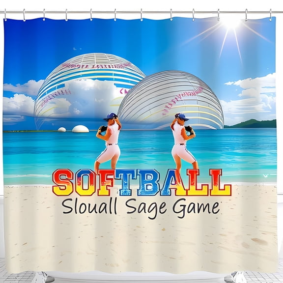Vibrant Beach Scene Shower Curtain - Softball Players Clear Sky & Ocean Design Perfect for Summer Vibes