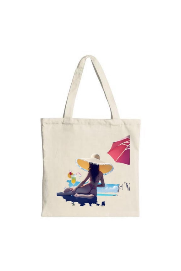 Vibrant Beach Scene Tote Bag - Canvas Multifunctional Reusable Shopping Bag with Poolside Woman Perfect for Parties & Travel