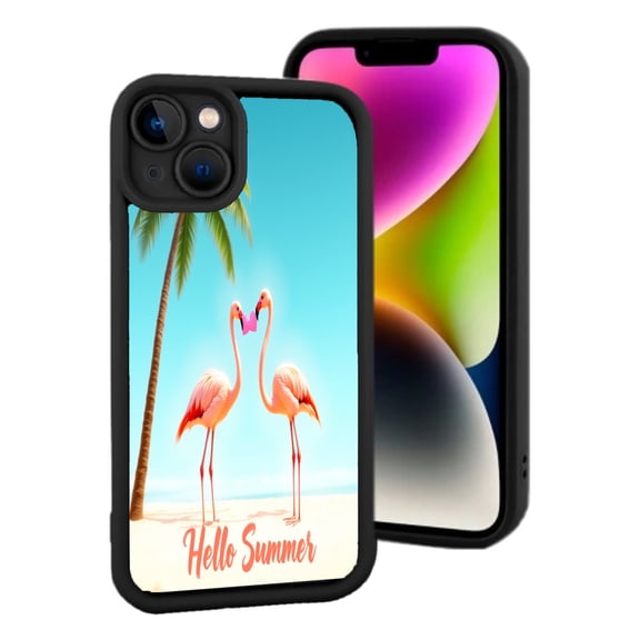 Vibrant Beach Scene iPhone 15 Case - Pink Flamingos Palm Tree Clear Blue Sky ' Hello Summer ' Text - Lightweight & Yellowing Resistant